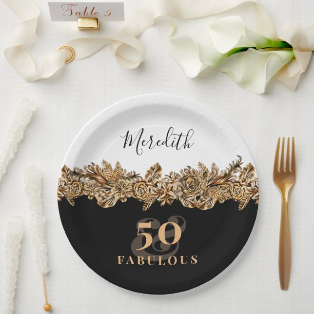 50th Birthday Luxury Golden Flowers Elegant Classy Paper Plate (Wedding)