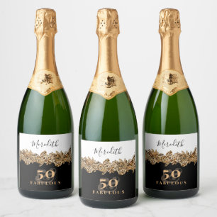 50th Birthday Luxury Golden Flowers Elegant Classy Sparkling Wine Label