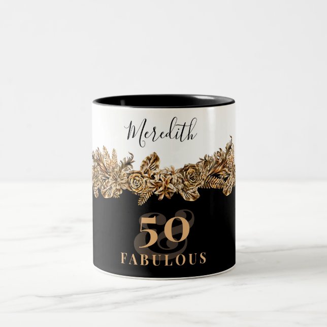 50th Birthday Luxury Golden Flowers Elegant Classy Two-Tone Coffee Mug (Center)