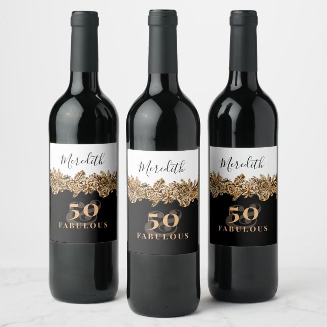 50th Birthday Luxury Golden Flowers Elegant Classy Wine Label (Bottles)