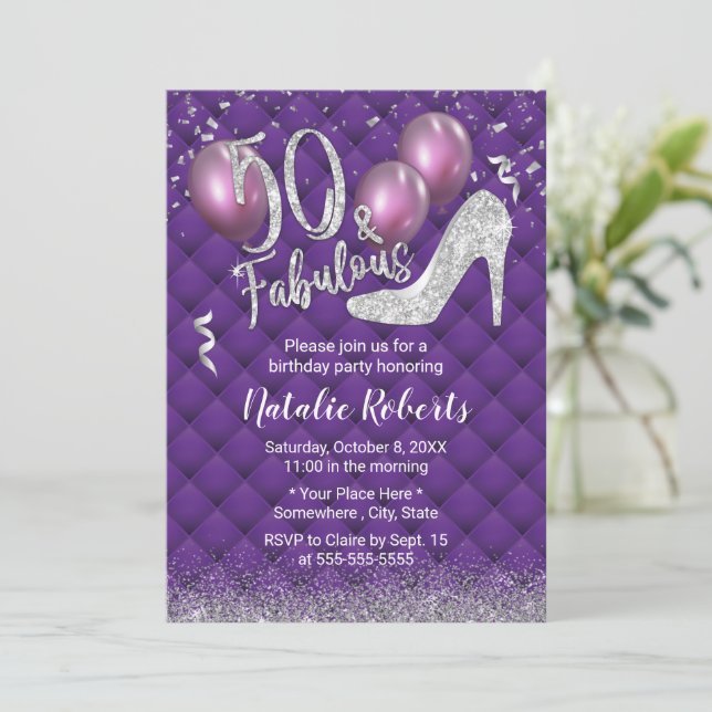 50th Birthday Luxury Purple & Silver Fabulous 50 Invitation (Standing Front)