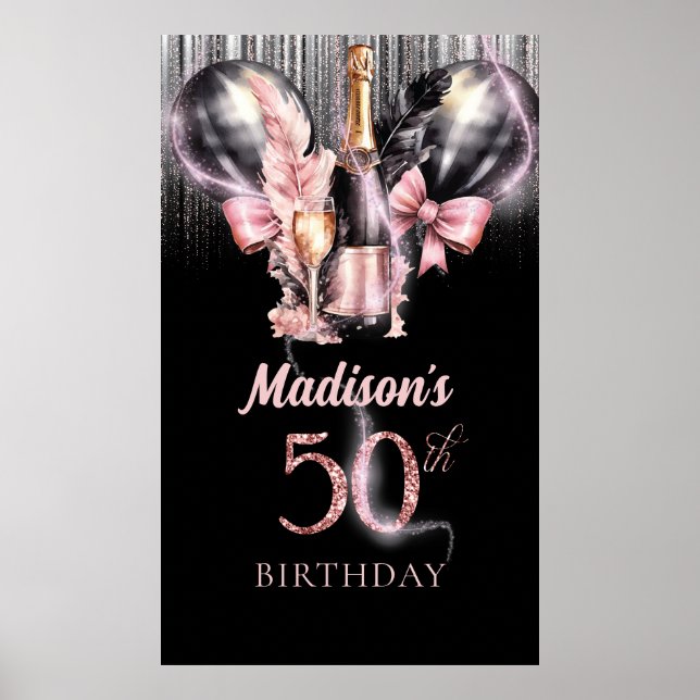 50th Birthday Luxury Rose Wine Party Sign (Front)