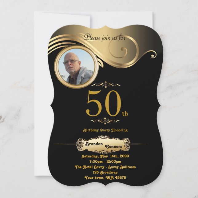 50th,Birthday Man any age, art deco, black gold Invitation (Front)