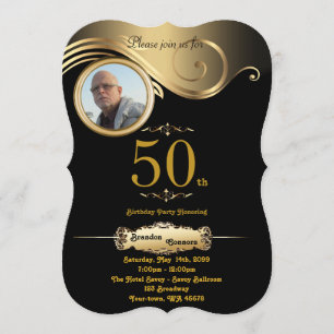 50th,Birthday Man any age, art deco, black gold Invitation