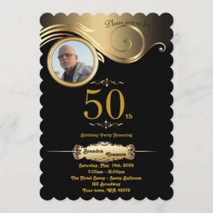 50th,Birthday Man any age, art deco, black gold Invitation