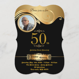 50th,Birthday Man any age, art deco, black gold Invitation