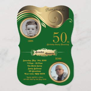 50th,Birthday Man any age, art deco, green gold Invitation