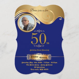 50th,Birthday Man any age, art deco, Navy gold Invitation