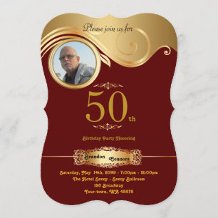 50th,Birthday Man anyage, art deco,Bordeaux gold Invitation