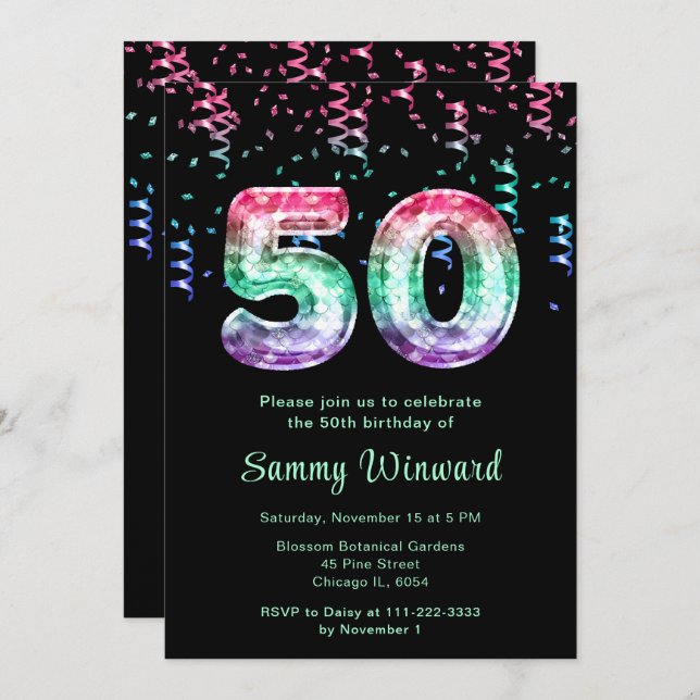 50th Birthday Mermaid Balloons with Confetti Invitation (Front/Back)
