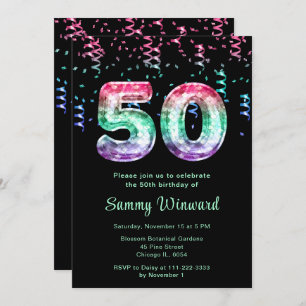 50th Birthday Mermaid Balloons with Confetti Invitation