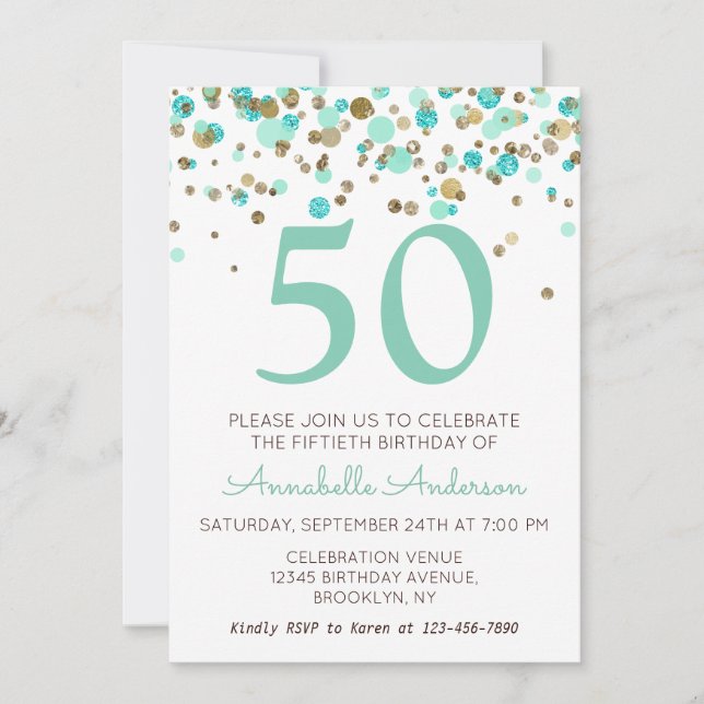 50th Birthday Mint Gold Glitter Sparkle Confetti Invitation (Front)