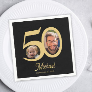 50th birthday modern 2 photo black and gold napkin