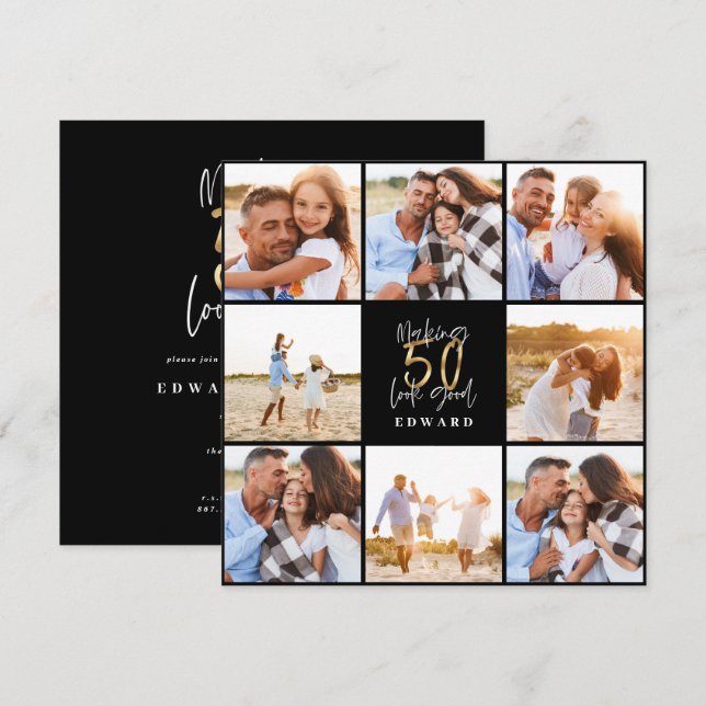 50th birthday modern black and gold photo collage (Front/Back)