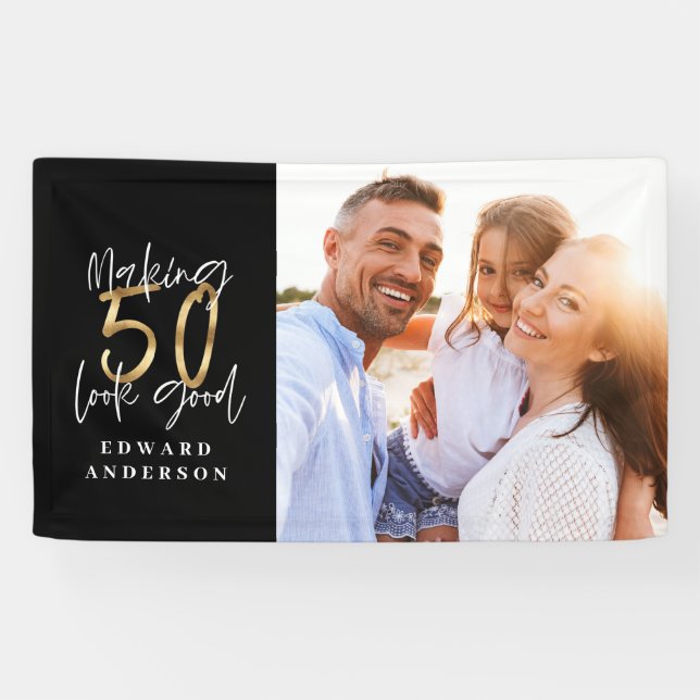 50th birthday modern black and gold photo collage banner (Horizontal)