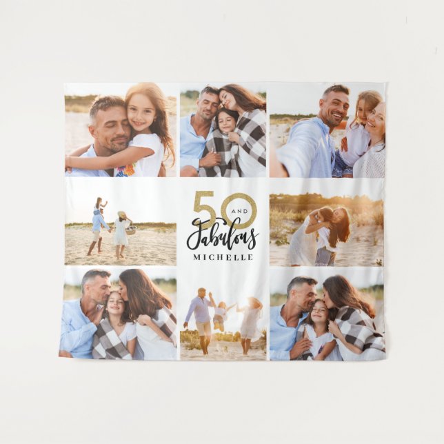 50th birthday modern black and gold photo collage  tapestry (Front (Horizontal))