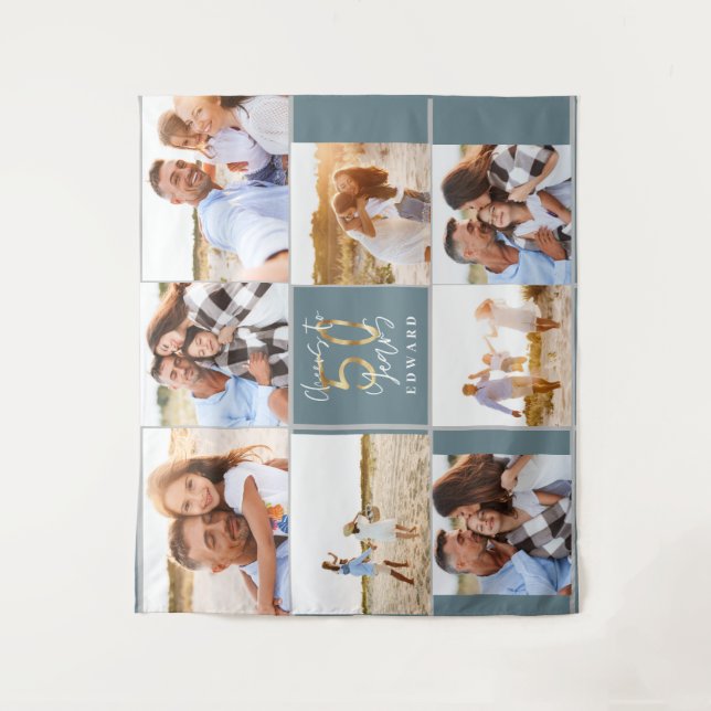 50th birthday modern black and gold photo collage tapestry (Front)