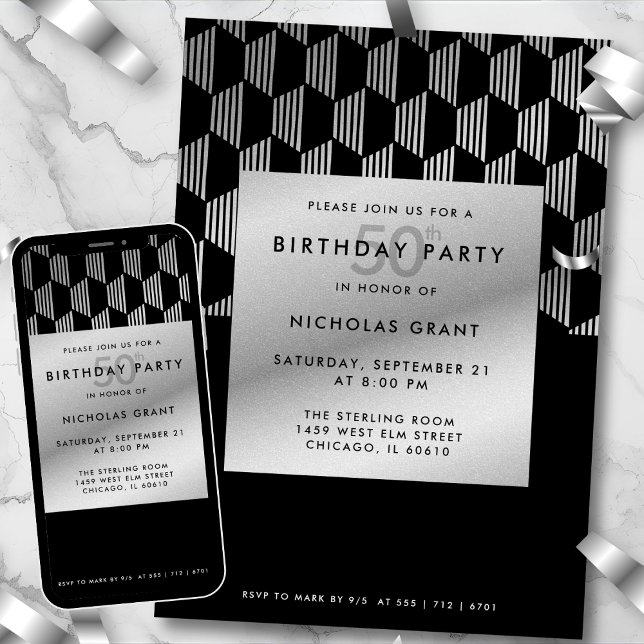 50th Birthday Modern Black Faux Silver Foil Invitation (Creator Uploaded)