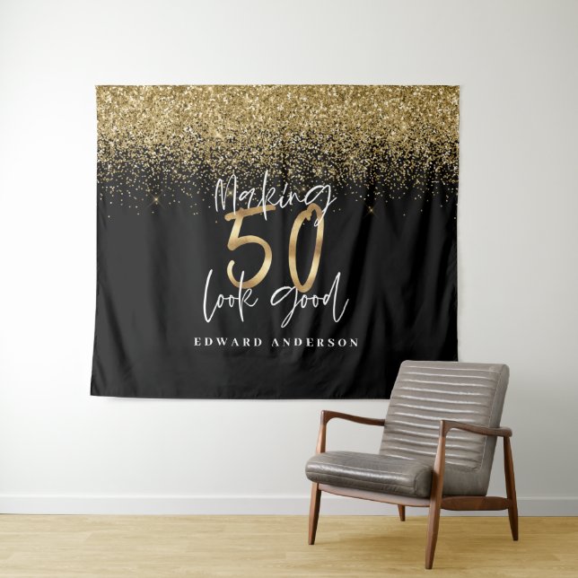 50th birthday modern black + gold glitter stylish tapestry (In Situ (Horizontal))