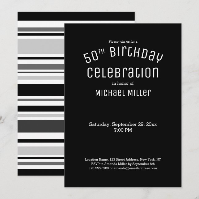 50th Birthday Modern Black White Grey Stripes Invitation (Front/Back)