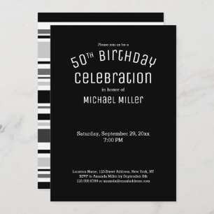 50th Birthday Modern Black White Grey Stripes Invitation