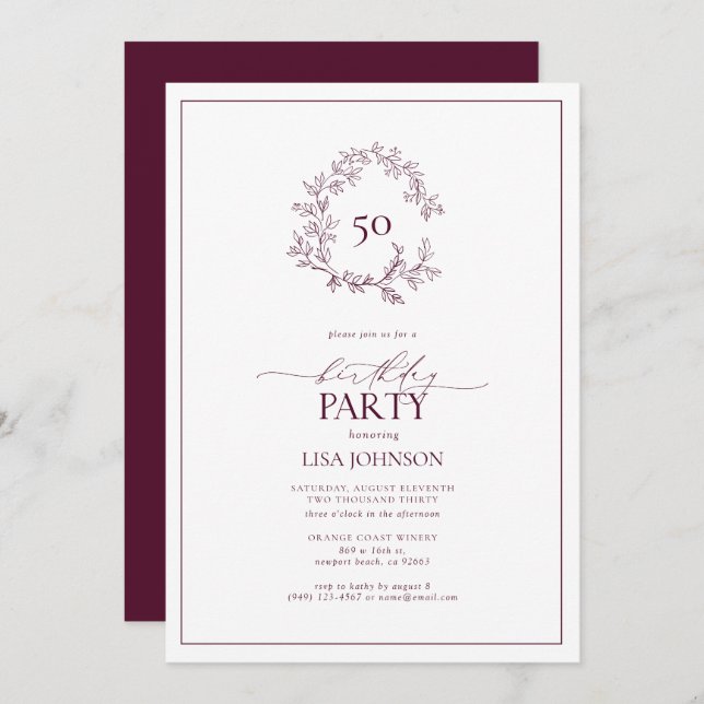 50th Birthday Modern Burgundy Leafy Crest Invitation (Front/Back)