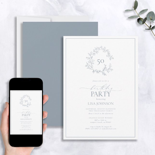 50th Birthday Modern Dusty Blue Leafy Crest Invitation (Creator Uploaded)