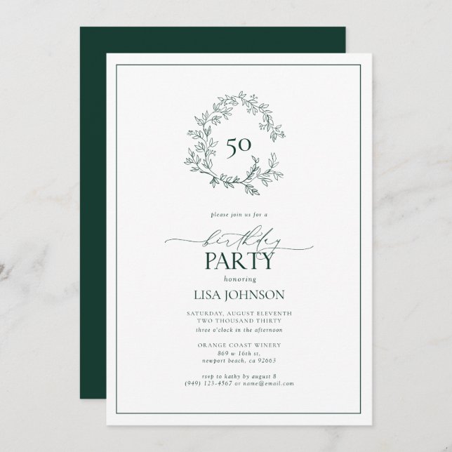 50th Birthday Modern Emerald Green Leafy Crest Invitation (Front/Back)