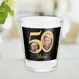 50th birthday modern fun gold black name 2 photo shot glass