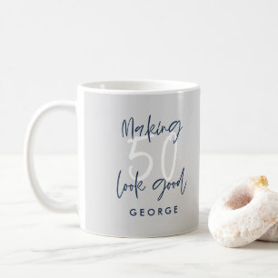 50th birthday modern grey and navy blue gift coffee mug