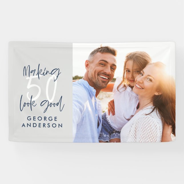 50th birthday modern grey and navy blue photo banner (Horizontal)