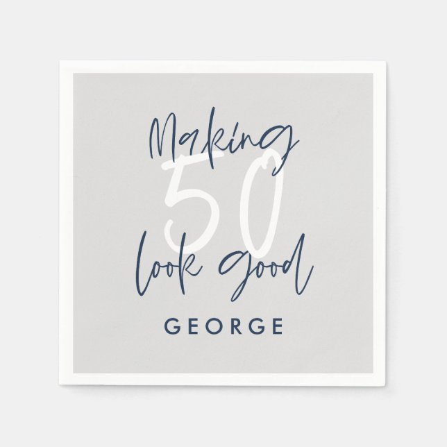 50th birthday modern grey + navy blue photo party napkin (Front)