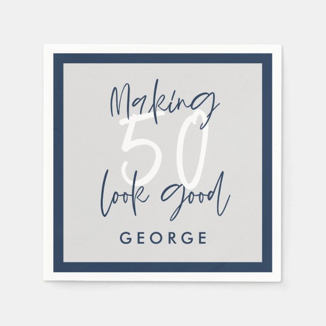 50th birthday modern grey + navy blue photo party  napkin (Front)
