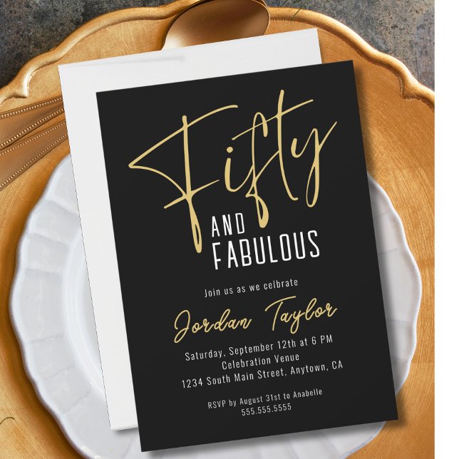 50th Birthday Modern Minimal Script Black & Gold  Invitation (Creator Uploaded)