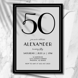 50th Birthday Modern Minimalist Mens Black Gray Invitation
