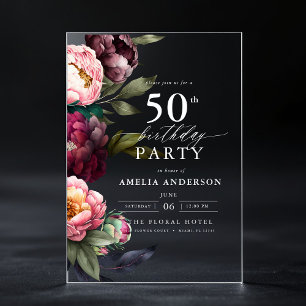 50th Birthday Modern Moody Burgundy Blush Floral Acrylic Invitations