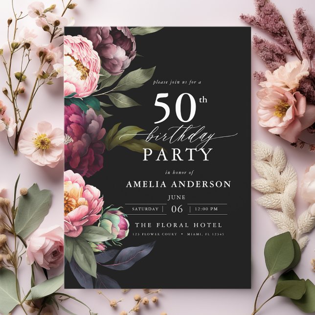 50th Birthday Modern Moody Burgundy Blush Floral Invitation (Creator Uploaded)