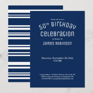 50th Birthday Modern Navy Blue Stripes Invitation