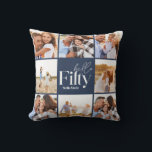 50th birthday modern navy photo collage simple cushion<br><div class="desc">Hello fifty 50th birthday modern navy blue multi photo collage pillow home decor gift . Modern script text design. Part of a collection.</div>