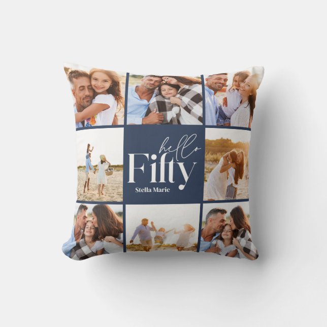 50th birthday modern navy photo collage simple cushion (Front)