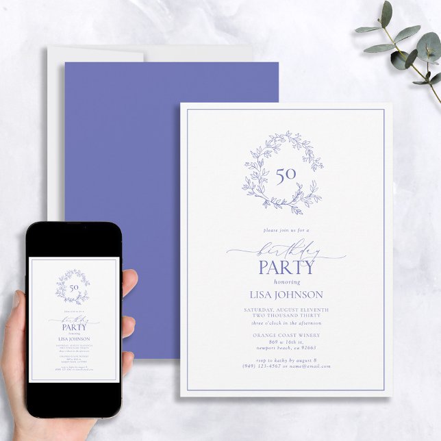 50th Birthday Modern Periwinkle Leafy Crest Invitation (Creator Uploaded)