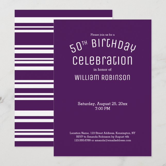 50th Birthday Modern Purple Stripes Invitation (Front/Back)