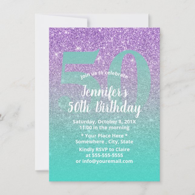 50th Birthday Modern Purple & Teal Glitter Ombre Invitation (Front)