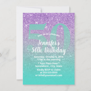 50th Birthday Modern Purple & Teal Glitter Ombre Invitation