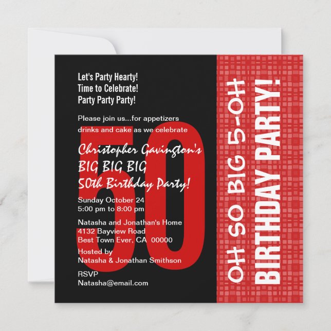 50th Birthday Modern Red and Black B204 Invitation (Front)