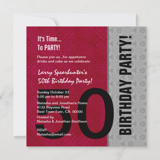 50th Birthday Modern Red Silver Black C947 Invitation (Front)