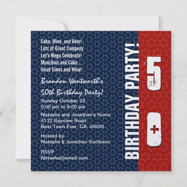 50th Birthday Modern Red White Blue Stars Metallic Invitation (Front)