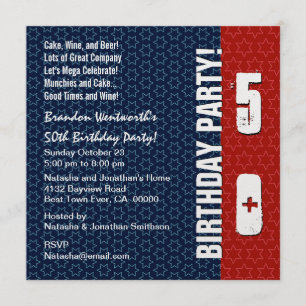 50th Birthday Modern Red White Blue Stars Metallic Invitation