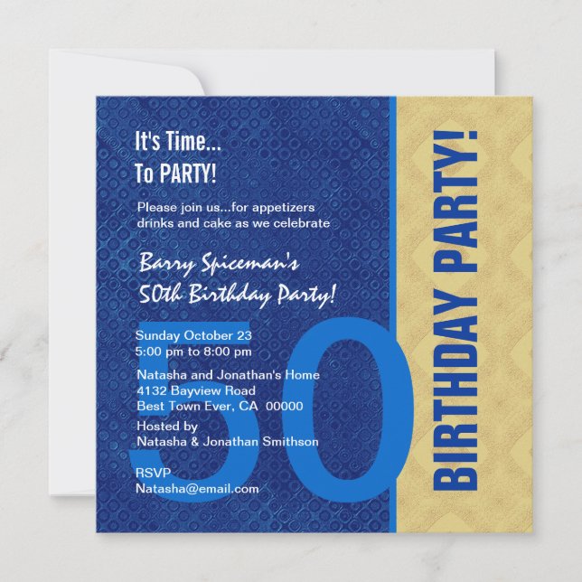 50th Birthday Modern Royal Blue and Gold V02 Invitation (Front)