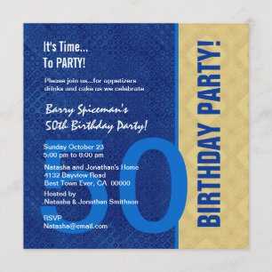 50th Birthday Modern Royal Blue and Gold V02 Invitation